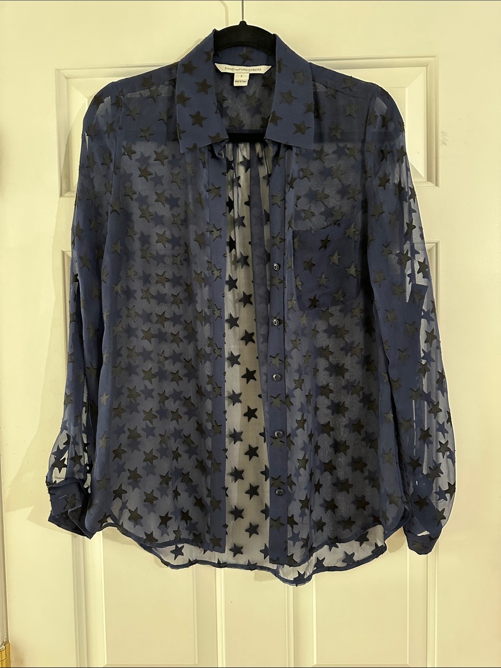 Diane Von Furstenberg Navy Sheer Star-Print Button-Down Shirt